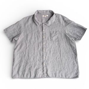 FLAX Gray Linen Short Sleeve Button Down Shirt Women’s Large Gray Minimalist